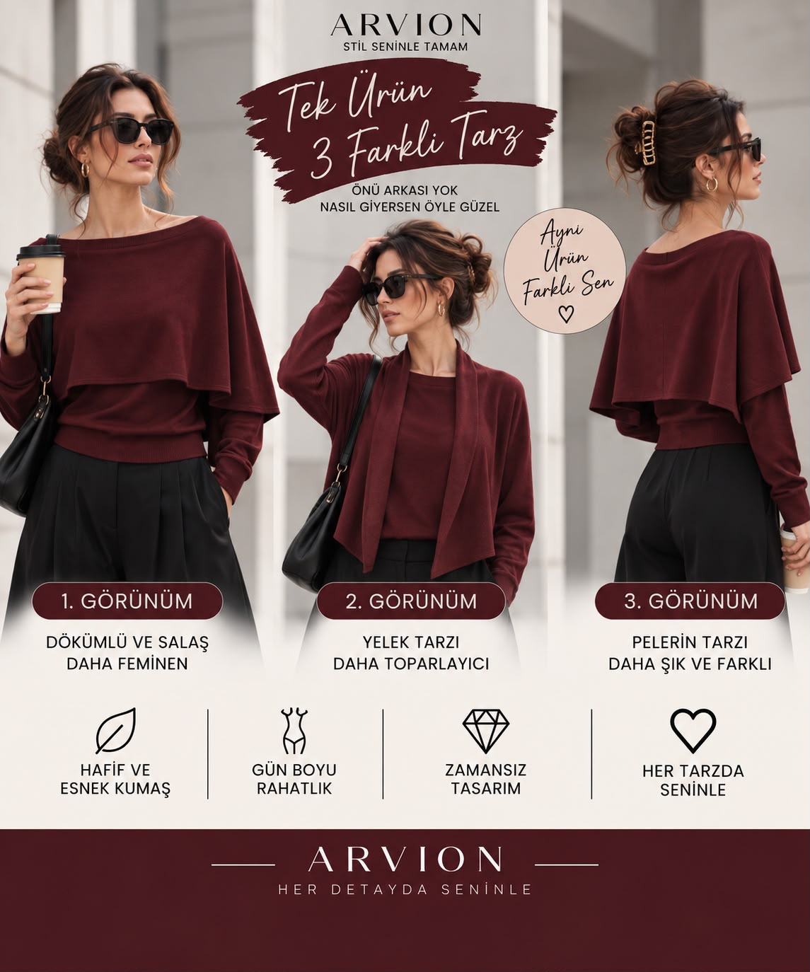 4 Farklı Kullanım Çift Yönlü Salaş Triko Bluz / Hırka